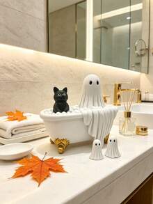 1pc Halloween Ghost Bathtub Decoration, Spooky Black Cat And White Ghost Bath Ornament With Pumpkin And Bat Pattern, Resin Gothic Style Desktop Centerpiece, Halloween Party Home Decor, Suitable For Fireplace Mantel, Windowsill, Entryway, Bedroom, Autumn Harvest Pumpkin Bat Ghost Decoration, Collectible, Unique Spooky Gift For Halloween Enthusiasts - Bathtub Ghost - View 9