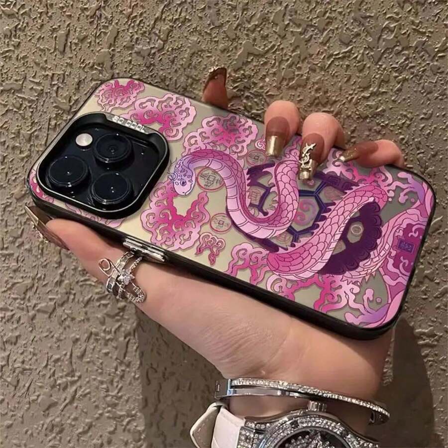 Chinese Style -2025 Year Of The Snake Phone Case With Pink Xiangyun Snake Pattern, Suitable For IPhone 16ProMax 16Pro 16Plus 16 15ProMax 15Pro 15Plus 15 14ProMax 14Pro 14Plus 14 13ProMax 13Pro 13 12ProMax 12Pro 12 11ProMax 11Pro 11 X Xs Xr XsMax, Fashionable Shock-Absorbing Phone Case - 黑色 - 查看 1