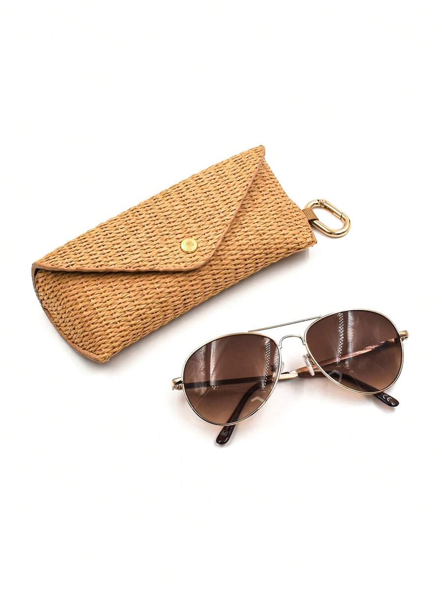 Estuche suave para gafas con textura de paja tejida de PP, con gancho, accesorio de protección para gafas - Marrón - Ver 1
