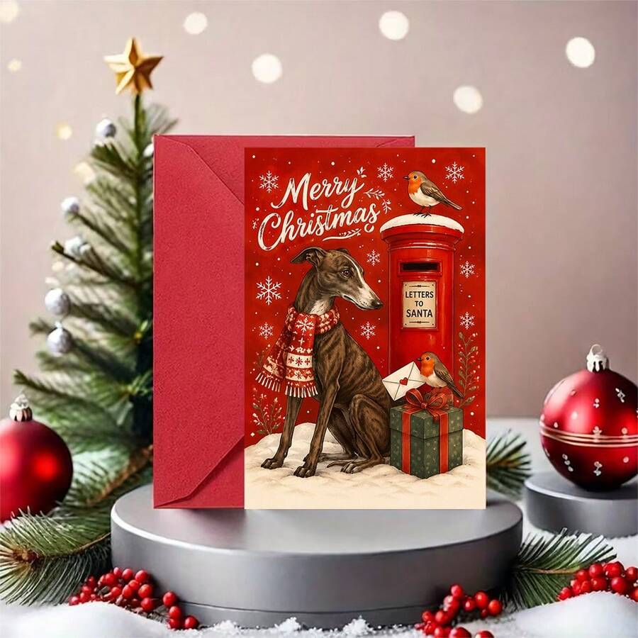 1 Greeting Card + 1 Envelope Cozy Festive Christmas Card Featuring A Dog And Birds With Letters To Post Merry Christmas For Friends Winter Art Style Greeting Card - Yellow Envelope - View 1
