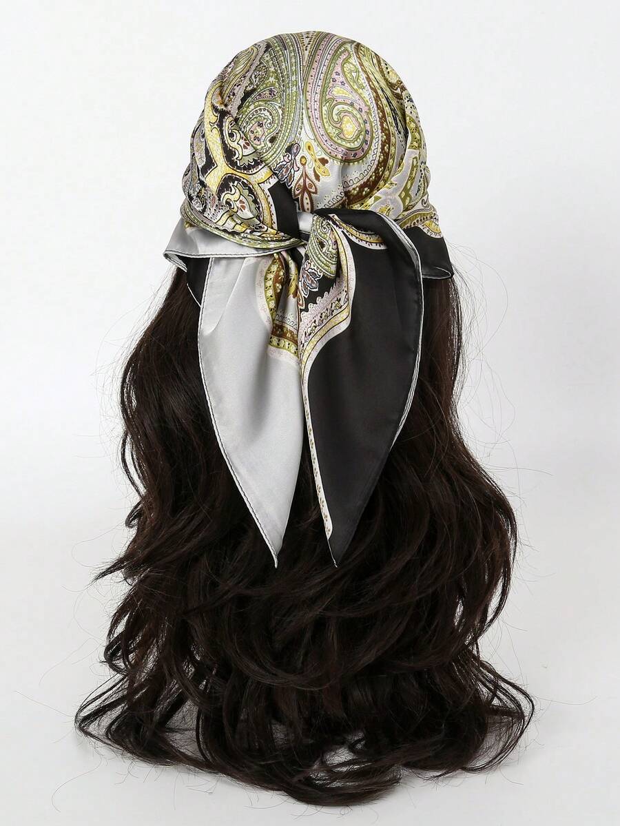 1pc Bohemian Paisley Pattern Silk Square Scarf, 27.5" X 27.5", Fashion Design, Suitable For Daily Wear - S18854-black Gray - View 1