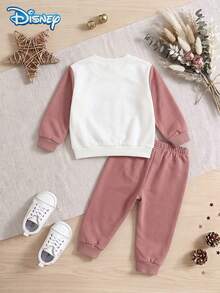 Disney Authorized Baby Girls Sweatshirt Set, Spring/Autumn, Soft Dusty Rose Colorblock Patchwork Minimalist Korean Style, Slightly Loose Raglan Sleeve Crew Neck Sweatshirt With Draped Tapered Leg Pants, Fits Girls Under 3 Years Old, Versatile For Daily Wear, Casual Outings, Vacations, Gatherings And Parties - Coral Orange - View 2