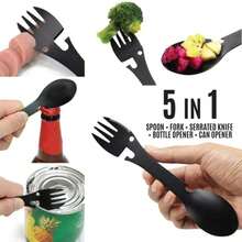 Titanium Coated Multi-Tool Spork For Backpacking & Survival – Matte Silver, Black – With Bottle & Can Opener, Easy To Clean - Multicolor - View 3
