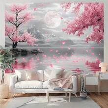 1pc Japanese Cherry Blossom Tree Moon Backdrop - Pink Sakura Night Sky With Mountain Reflection & Full Moon, Realistic Japanese Landscape Wall Mural For Weddings, Photo Booths,, Parties - Easy-To-Hang Self-Adhesive-Like (Poly - 1PC - View 2