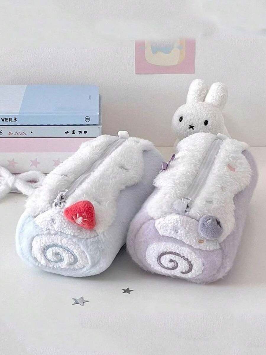 1pc Cute Cake Plush Pencil Case, Heart Cartoon Large Capacity Stationery Bag, Soft Student Plush Pencil Storage Bag - Multicolor - View 1