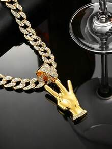 Victory Hand Gesture Rhinestone Pendant Cuban Necklace, Personalized Palm Charm, American Hip-Hop Street Style Gold/Silver Color Couple Matching Accessory - Gesture Pendant Necklace - View 7