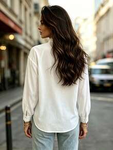Women's White Long Sleeve Lace Patchwork Front Button Stand Collar Blouse, Semi-Sheer Woven Fabric, Autumn Bohemian Style - White - View 4