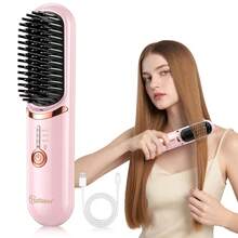 Hatteker 1pc USB Rechargeable Straightening Brush, 3 Temperature Settings, Travel Portable Volumizing Hair Root Hot Air Brush, Wireless Straight & Curl Dual Use Negative Ion Comb - Multicolor - View 14