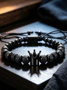 Adjustable Men's Bracelet - Crafted For Boyfriend/Husband, Adjustable Beads Stainless Steel Crown Bracelet, Anniversary Gift - Black - View 5