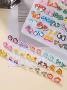 50 Pairs Mixed Color Cartoon Rhinestone Star, Music Note, Bow, Heart Plastic Stud Earrings Set, Suitable For Girls Birthday Party Or Gift - Multicolor - View 6
