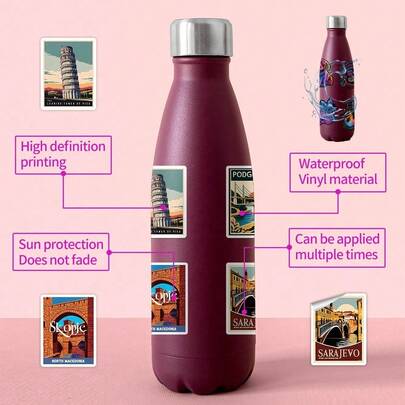 50pcs European Travel Stickers, City Stickers, Cartoon Stickers, Retro Travel Stickers, Country Stickers, World Map Stickers, Waterproof Vinyl Stickers Suitable For Water Bottles, Computers, Laptops, Phones, Luggage, Notebooks, Refrigerators, Etc.