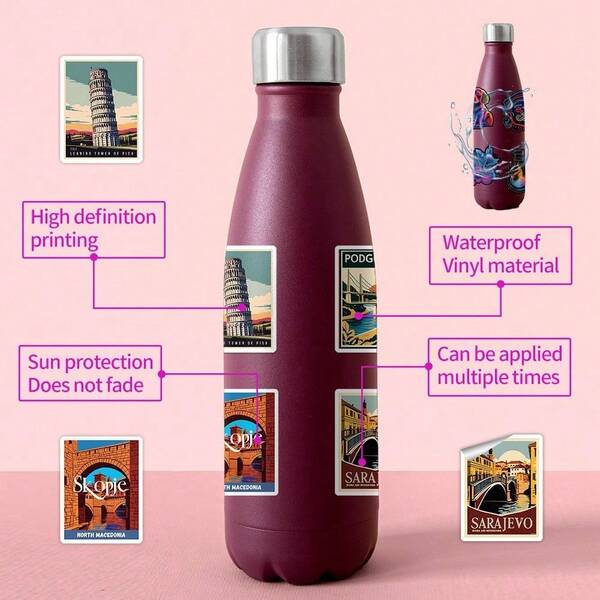50pcs European Travel Stickers, City Stickers, Cartoon Stickers, Retro Travel Stickers, Country Stickers, World Map Stickers, Waterproof Vinyl Stickers Suitable For Water Bottles, Computers, Laptops, Phones, Luggage, Notebooks, Refrigerators, Etc.
