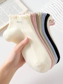 5 Pairs Women's Short Socks With Letter Pattern And Lace Trim, Non-Slip, Comfortable And Breathable, Suitable For All Seasons, Ideal For Sports And Casual Wear - Multicolor - View 2