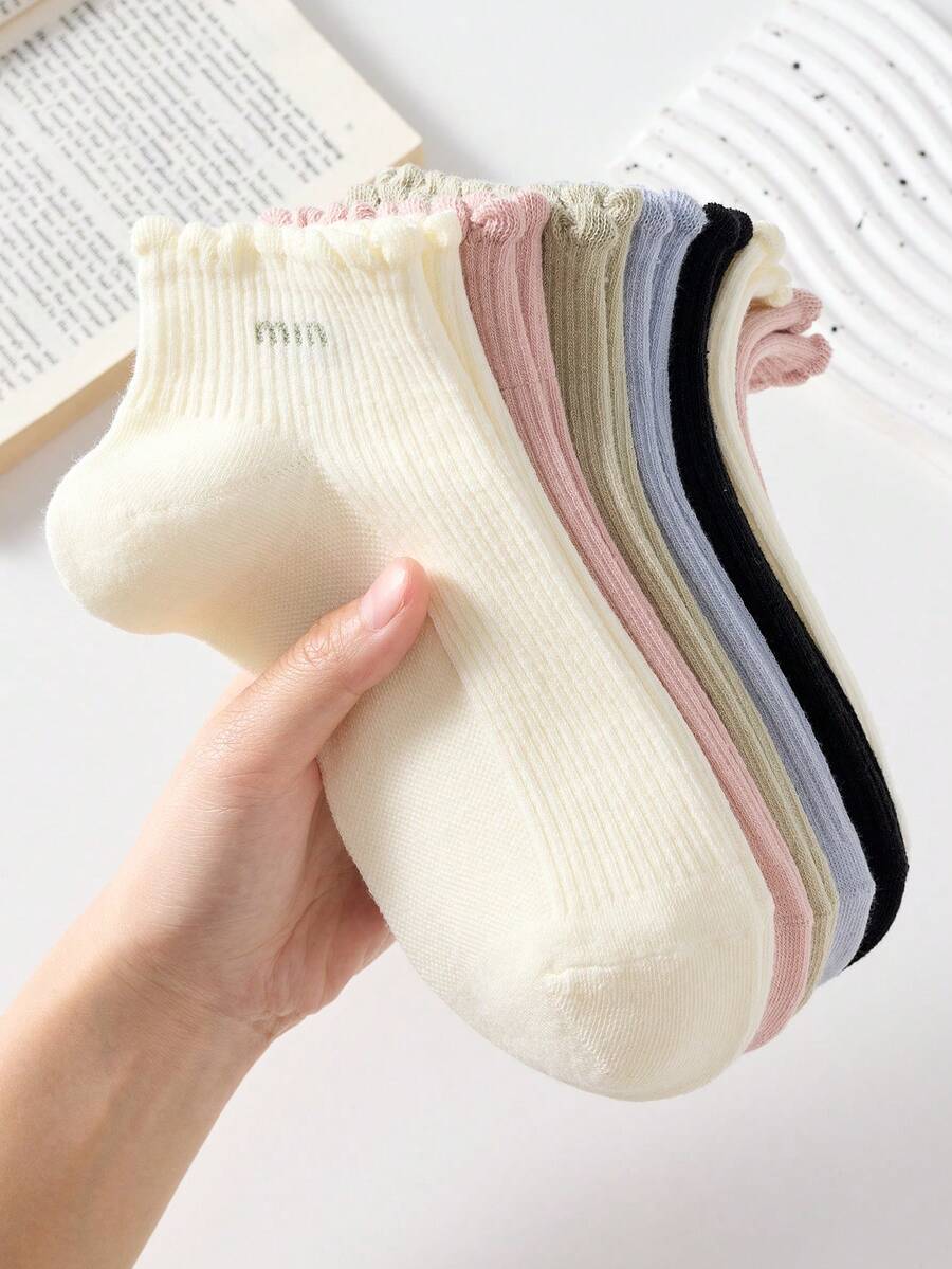 5雙女款短襪,字母圖案搭配蕾絲飾邊,防滑、舒適透氣,適合四季穿著,運動與休閒穿搭皆宜 - 彩色 - 查看 1