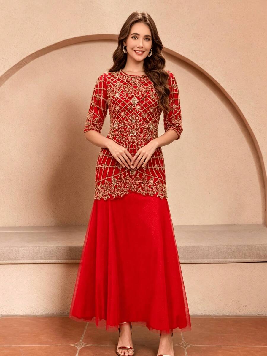 JINLICX Vestido de noche de lujo rojo y dorado con cristales, cuentas y bordado para boda y banquete