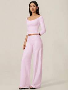 TimeOff Women's One Set Solid Color Open Shoulder Off Shoulder Mid-Sleeve Fitted Top And Wide Leg Long Pants - Pink - View 6