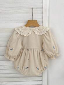 Spring/Autumn Baby Corduroy Long Sleeve Embroidered Lace Peter Pan Collar Romper For Girls - Apricot - View 3