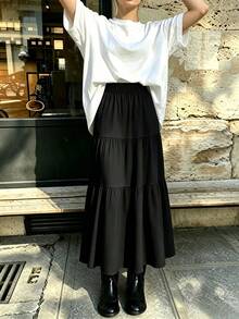 falda maxi tierada elegante de color sólido, cintura elástica, tejido ligero para uso casual mujer - Negro - Ver 3