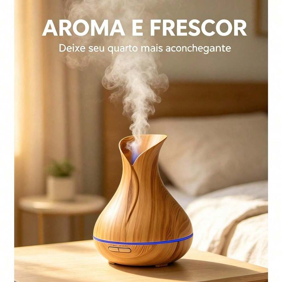 Difusor Aromatizador Umidificador 400ml com Controle Remoto, Difusor de Aroma Ultrassônico com Luz LED, Silencioso, Ideal para Casa e Escritório - Marrom Claro - Visão 1