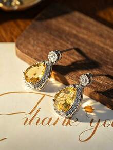 2pcs/Set S925 Sterling Silver Pear-Shaped Cut Yellow Crystal Women's Jewelry Set, Water Drop Pendant Necklace And Dangle Earrings, Suitable For Wedding Party, Best Gift For Her - Yellow - View 5