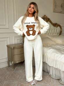 2pcs/Set Women's Cute Plush Long Sleeve Pajama Top + Straight Leg Pants Comfortable Casual Sleepwear Set - White - View 3