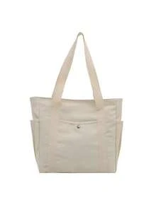 1pc Solid Color Versatile Tote Bag, Square Shape With Side Double Pockets, Contrast Color, Large Capacity Multi-Compartment Khaki Thickened Canvas Bag, Commute Storage Handbag Shoulder Bag, Student Work Shopping Canvas Bag - Multicolor - View 12