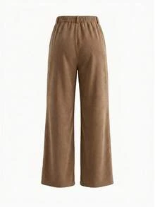 Women's High Waist Corduroy Wide Leg Pants, Single Button Zipper Fly, Square Patch Pockets, Solid Color Casual Long Pants - Khaki - View 6