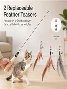 7Alas 3pcs Interactive Cat Teaser Wand Set With Detachable Bell & Feather Replacement Heads, 50cm Spring-Cushioned Wooden Handle, Indoor Hunting Exercise Cat Toy For Kittens - View 8