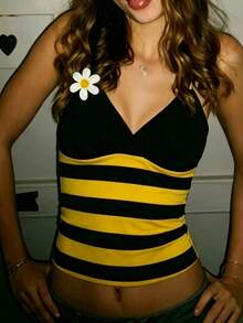 Women Halloween Bee Ladybug Cosplay Cami Top, V Neck Spaghetti Strap Daisy Decor Ruched Fitted Going Out Costume Tank Top For Theme Party - Yellow - View 2