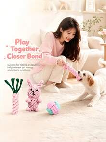 Pink Cotton Rope Dog Chew Toy Set, Durable Bite-Resistant Teething Toys, Interactive Knotted Rope Bone Rabbit Carrot Ball Toys, Suitable For Small And Medium Puppies Teeth Cleaning - Multicolor - View 5
