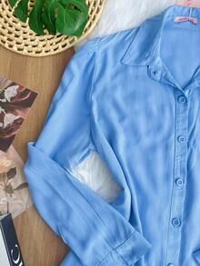Women's Solid Button Down Shirt CasualSP035 - Blue - View 3