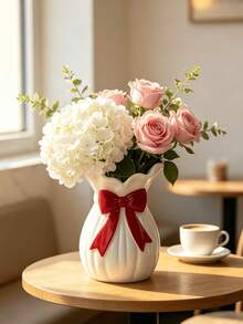 1pc Elegant White Vase With Pink Bow, Wavy Edge Design, Suitable For Fresh Flowers/Dried Flowers, Home Decor, Tabletop Centerpiece, Spring/Summer Aesthetic, Gift For Her, Wedding Table, Bohemian Fashion Style - Multicolor 1 - View 2