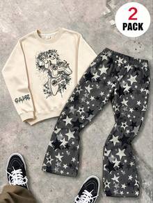 Teen Boys Game Console Print Crew Neck Sweatshirt & All-Over Star Print Wide Leg Pants 2-Piece Set, Autumn/Winter Outfit, Campus Style, Homecoming Look - Apricot - View 1