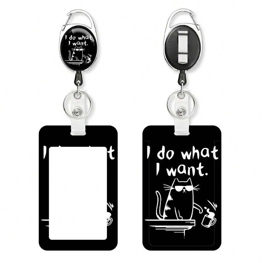 1Pc Funny Sarcastic Quote Retractable Badge Reel With ID Card Holder, Black Cat & Slogan Work Badge Clip Set For Office Workers Employee - Rectangle - View 1