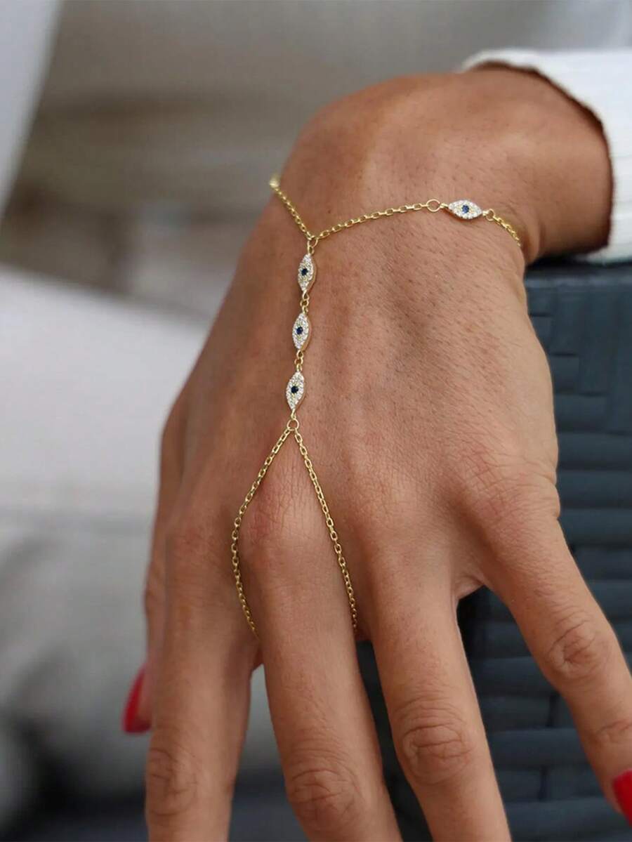 1pc Blue Eye Connected Finger Bracelet, Novel Design Hand Jewelry - Eyes - View 1