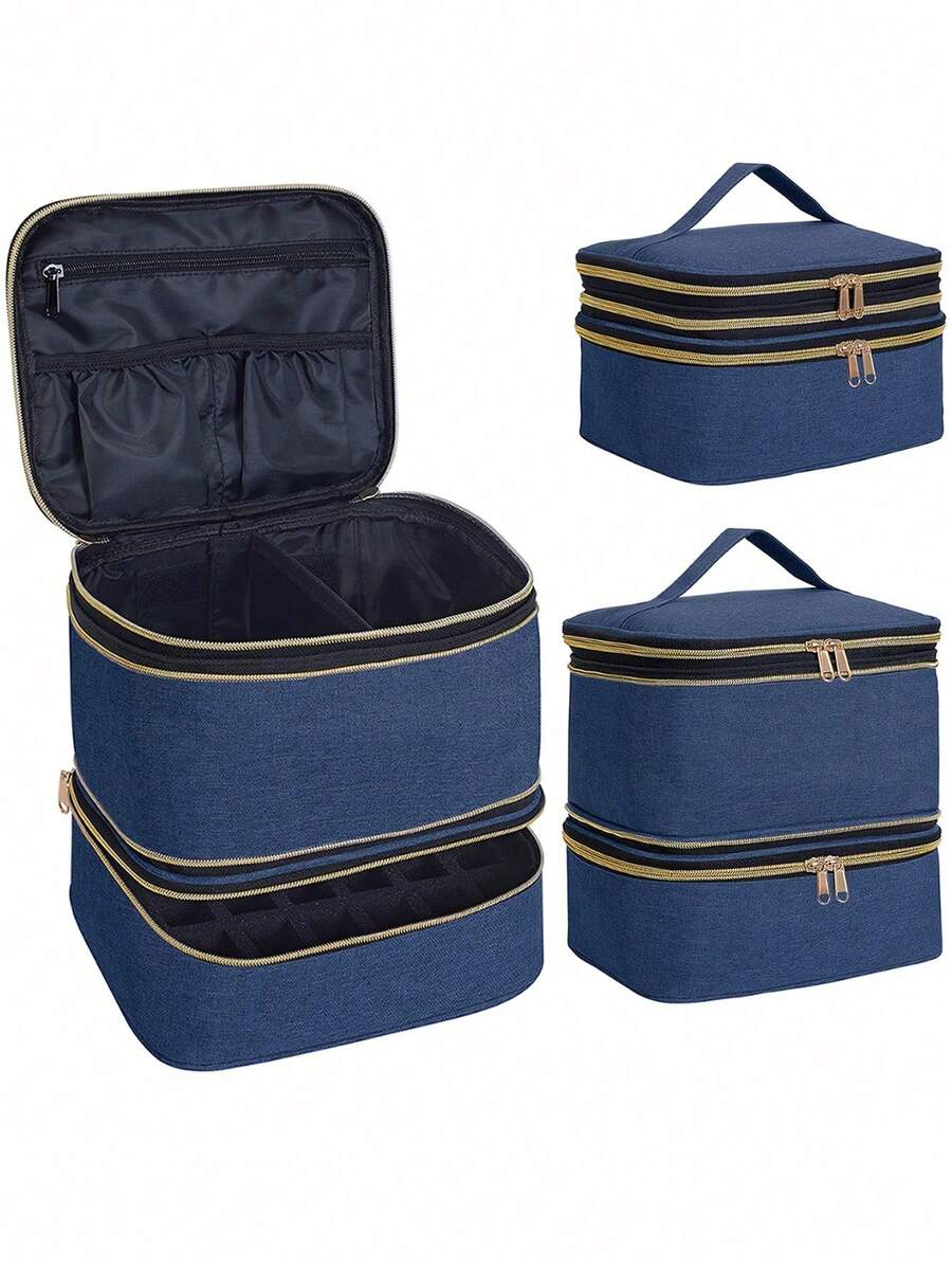 Organizador de Esmalte de Uñas de Mano de Doble Capa, Bolsa Organizadora de Cosméticos para Niñas y Mujeres, Arte de Uñas, Aceites Esenciales, Juego de Cosméticos, Uso Diario y de Viaje - 02 Azul - Ver 1