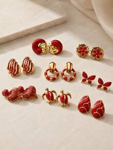 8 Pairs Vintage Red Enamel Stud Earrings Set, Women's Gold Flower Butterfly Turtle Geometric Shaped Exaggerated Jewelry, Suitable For Daily Wear And Party - Red - View 12