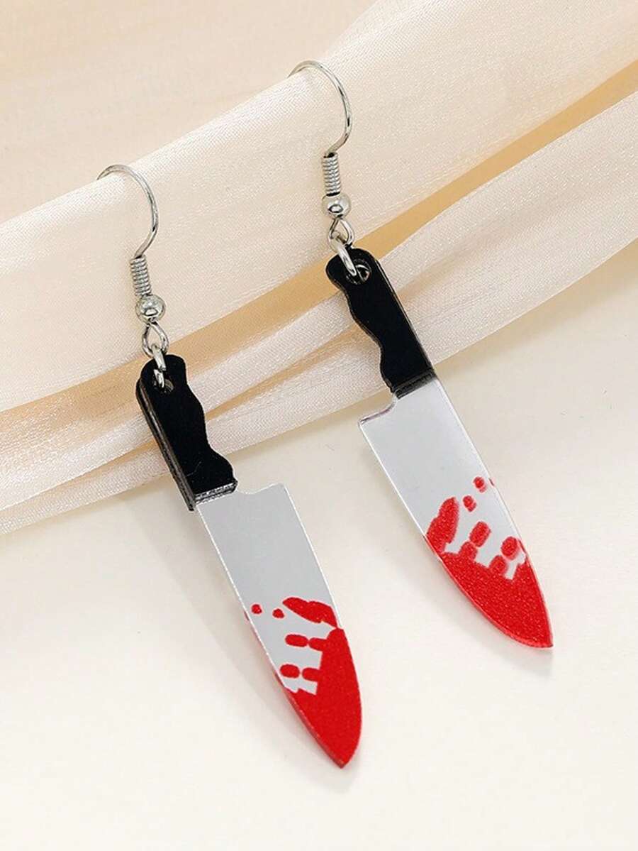 1 Pair Halloween Horror Blood Mirror Knife Earrings, Suitable For Halloween Party And Horror Cosplay Costume - Red - View 1
