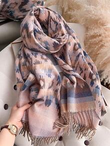 1pc Faux Cashmere Geometric Pattern Jacquard Warm Scarf For Women, Autumn/Winter Bohemian Style Vacation Travel Cold-Proof Decorative Tassel Scarf/Shawl Dual Use - Pink - View 6