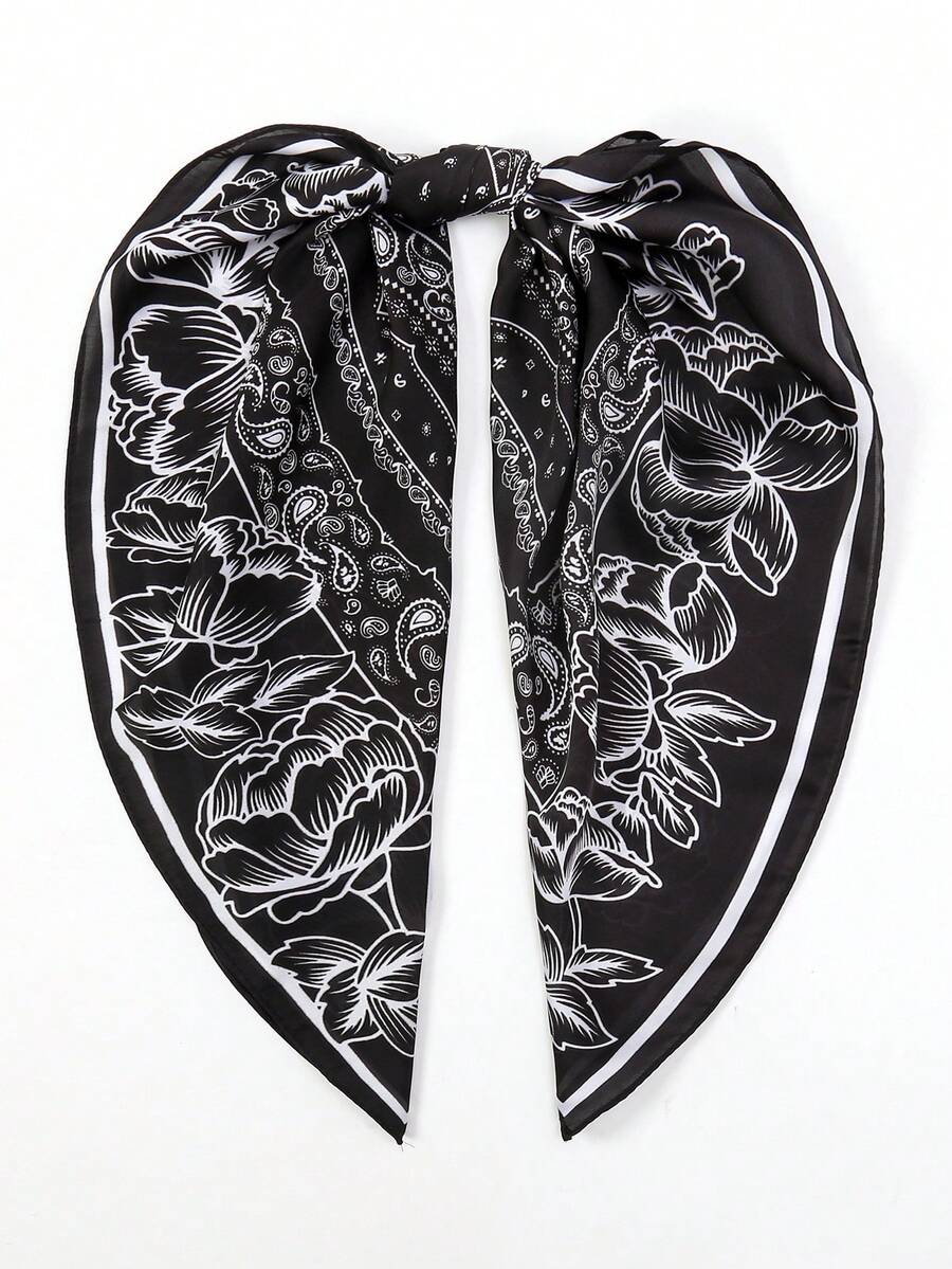 1pc Bohemian Paisley Pattern Silk Square Scarf, 27.5" X 27.5", Fashion Design, Suitable For Daily Wear - S18967 - Black - View 1