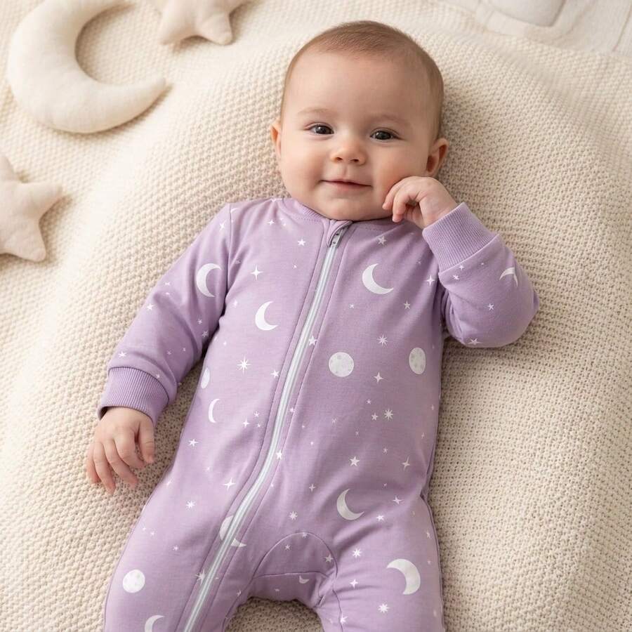 Macacão Bebê Pé Reversível Infantil 100% Algodão Confortável Temático Feminino Menina Lua - Lavanda - Visão 1