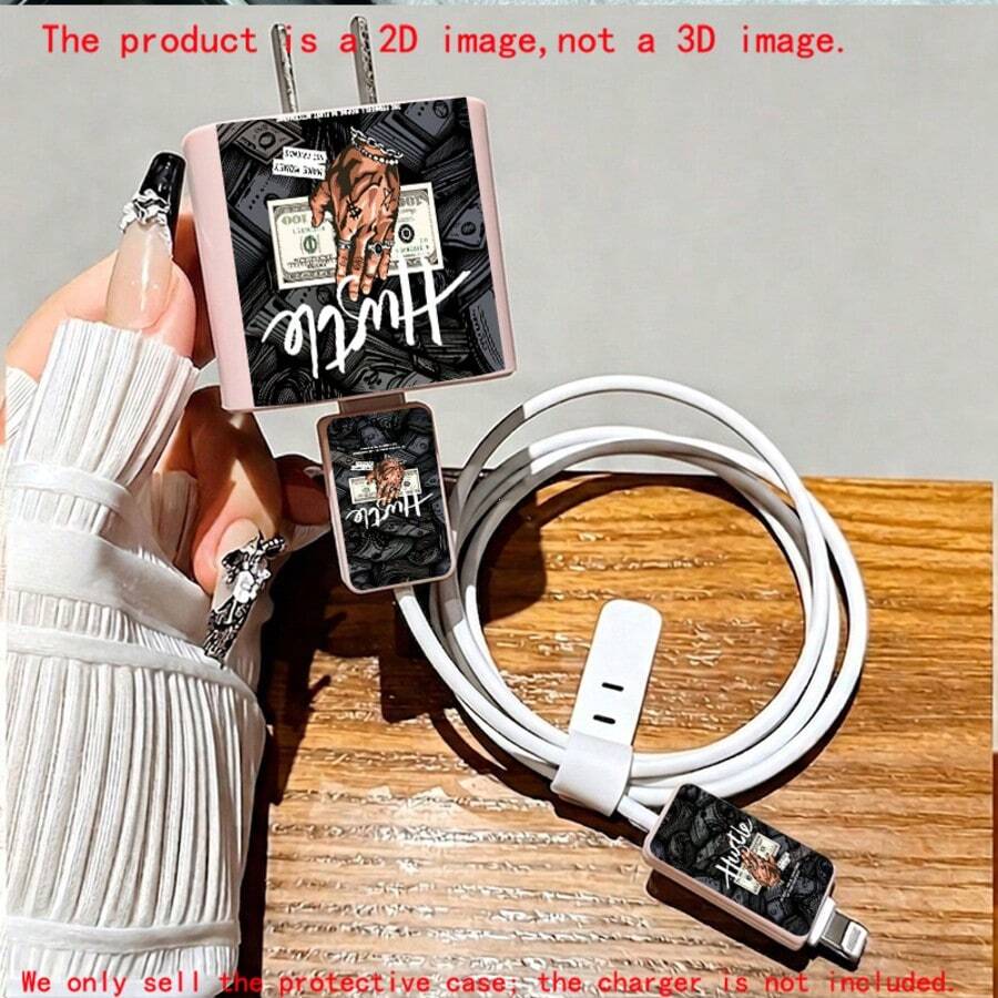 4pcs 2D Graphic Design Dollar, Gesture & Hustle Text Pattern Phone Charger Protector Set Pink Charger Protector + Cable Protector + Storage Rope (Protector Only, Charger Not Included), Suitable For IPhone 20W/18W Charger - Multicolor - View 1