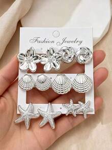 2-12pcs Fashion Ocean Style Silver Stud Earrings Set, Flower Shell Starfish Combination Set, Suitable For Women's Daily Wear, Summer Beach Vacation - Silver - View 2
