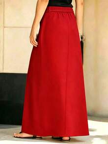 Elegant Plus Size Red A-Line Tie-Waist Skirt, Made Of Non-Stretch Fabric, Slim Fit Spring - Red - View 7