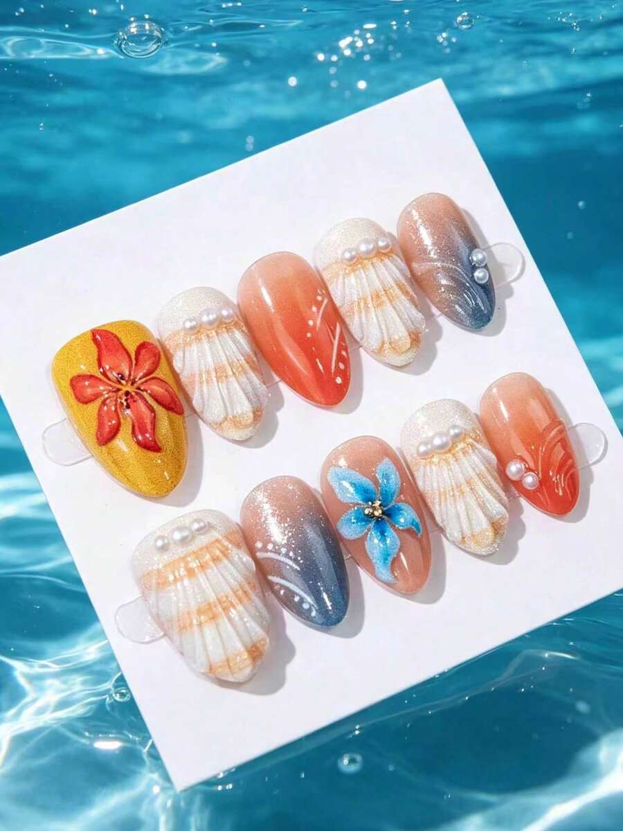 10片杏仁形穿戴式假指甲 3D貝殼花卉珍珠漸層 夏日海灘風 全覆蓋假指甲 - 彩色 - 查看 1