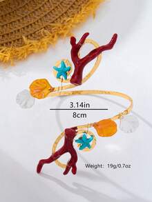 1pc Burgundy Coral Shell Arm Cuff, Shell & Starfish Contrast Metal Armlet, Personalized Beach Vacation Arm Accessory - Burgundy - View 2