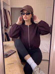GMFP 女款夏秋休閒優雅時尚寬鬆深紅色拉鍊短版羊毛外套夾克 六月節日假期季節 - 暗紅色 - 查看 2