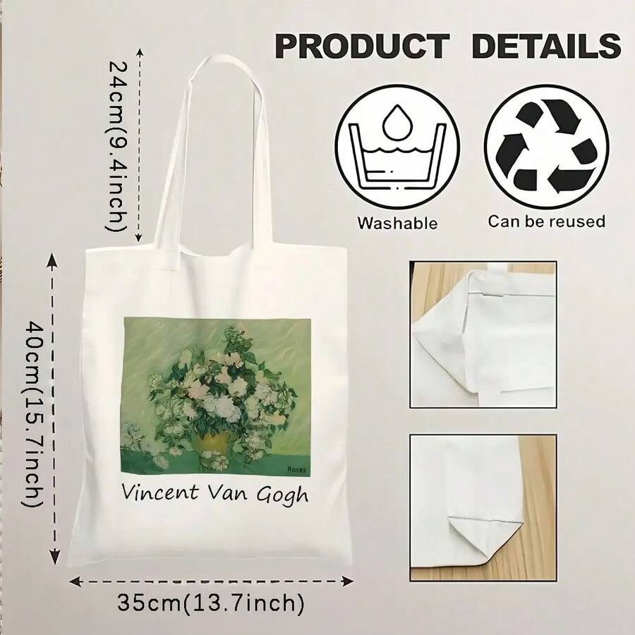 Un clásico bolso de lona con un estampado artístico de "La Rosa" de Vincent van Gogh - bolso de hombro de poliéster duradero y de gran tamaño, adecuado para ir de compras y para el uso diari - A - Ver 1
