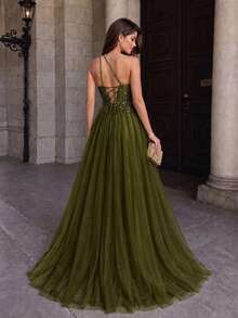 VIPGIRL Sleeveless Sequin Mesh Prom Dress With Asymmetrical Neck Design, Elegant Formal Evening Wedding Guest Gown, Dinner Party Dress Spring Fall - Green - View 3