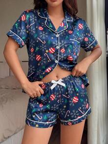 Christmas 2pcs Women's Satin Snowflakes & Candy Cane Print Short Sleeve Collared Top And Bowknot Shorts Pajama Set - Blue - View 3
